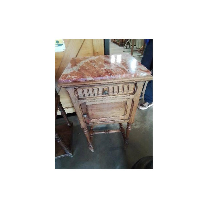 CHEVET BOIS CLAIR A COLONNES 1 TIROIR 1 PORTE DESSUS MARBRE ROUGE VEINÉ FIN XIXE