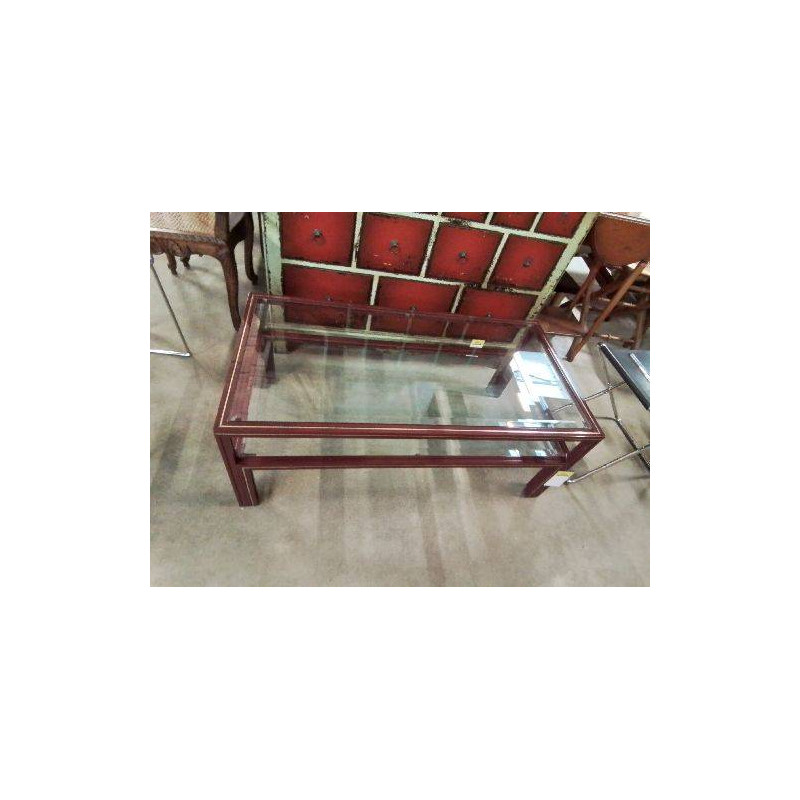 TABLE BASSE RECTANGULAIRE PIERRE VANDEL MÉTAL GRENAT PLATEAUX VERRE 