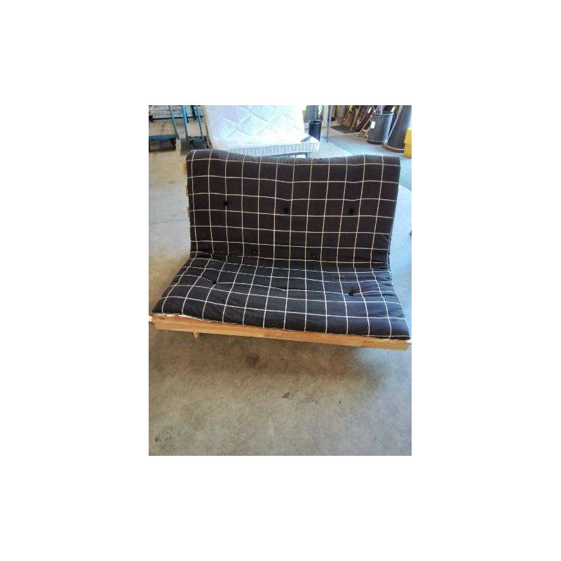 FUTON BOIS MATELAS TISSU NOIR A CARREAUX 