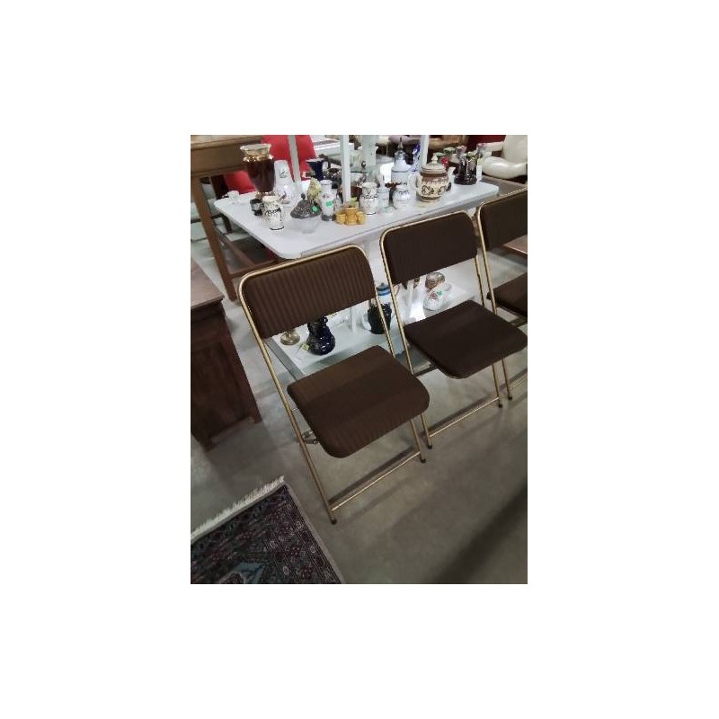 CHAISE PLIANTE MÉTAL DORÉ ASSISE ET DOSSIER TISSU MARRON ANNÉES 60 LAFUMA