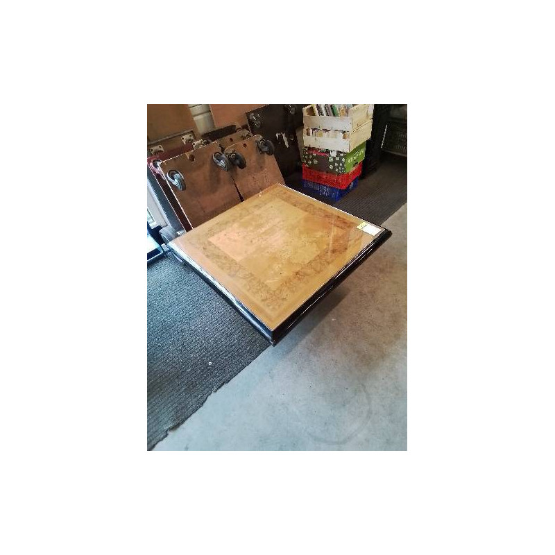 TABLE BASSE CARRÉE BOIS NOIR LAQUÉ DESSUS ORME PLATEAU VERRE PAUL MICHEL ANNÉES 80