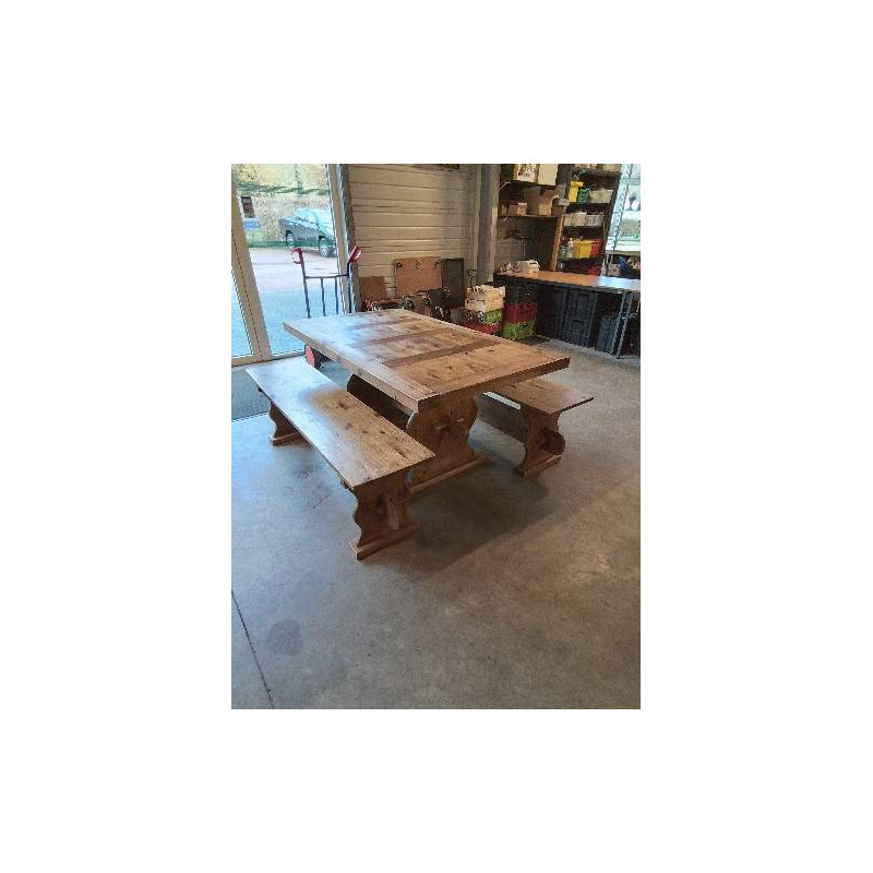 ENSEMBLE 3 PIÈCES 2 BANCS ET TABLE MONASTÈRE PIN 160X91X756,5