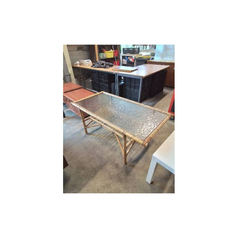 TABLE BASSE RECTANGULAIRE BAMBOU ET VANNERIE PLATEAU VERRE