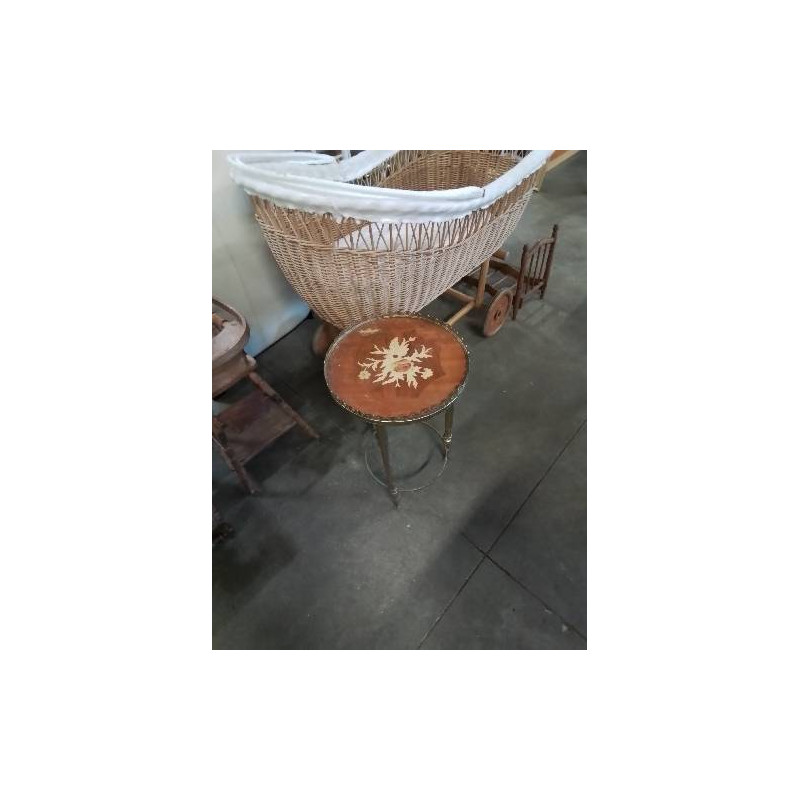 CONSOLE RONDE PIÈTEMENT LAITON PLATEAU BOIS DE ROSE MARQUETÉ 