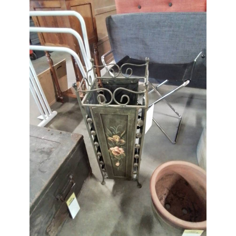 PORTE PARAPLUIE BOIS ET MÉTAL VERT DÉCOR AUX ROSES