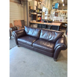 CANAPÉ 3 PLACES CUIR BORDEAUX PIEDS BOIS 