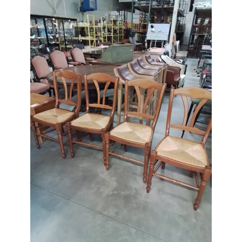 4 CHAISES BOIS PAILLÉ DOSSIER CINTRÉ 2 BARREAUX VERTICAUX 