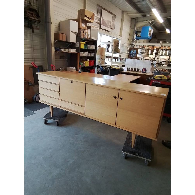 ENFILADE ANNÉES 60 CHÊNE CLAIR INTÉRIEUR TECK ET FORMICA 230X49X88,5CM