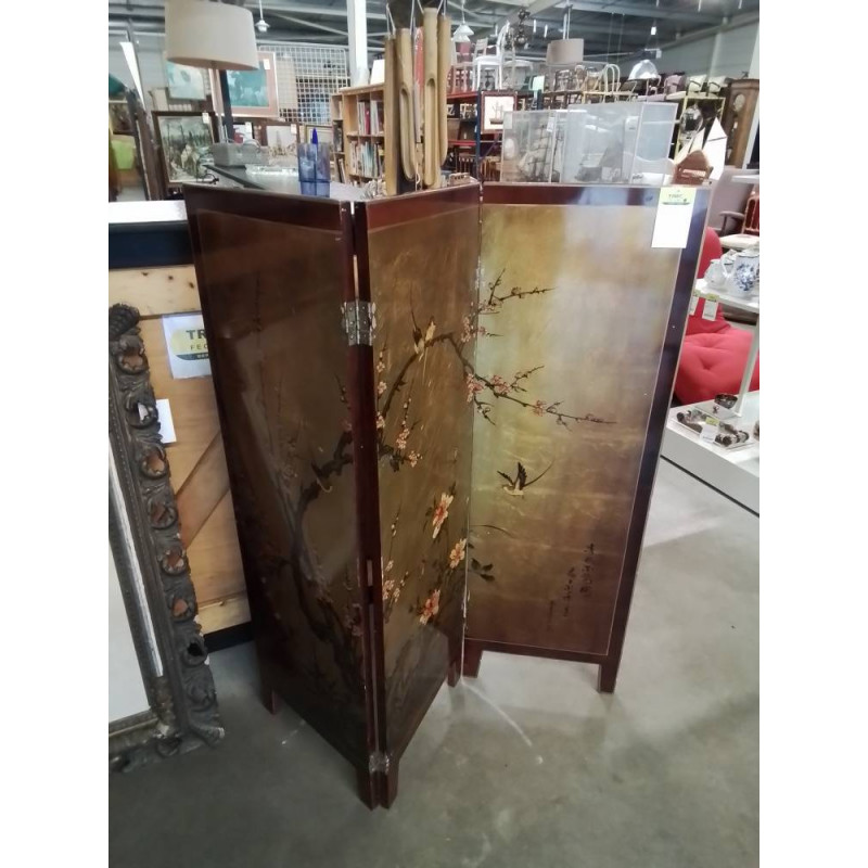 PARAVENT  ASIATIQUE 3 FEUILLES BOIS LAQUÉ DORÉ ET ROUGE DÉCOR AUX OISEAUX 