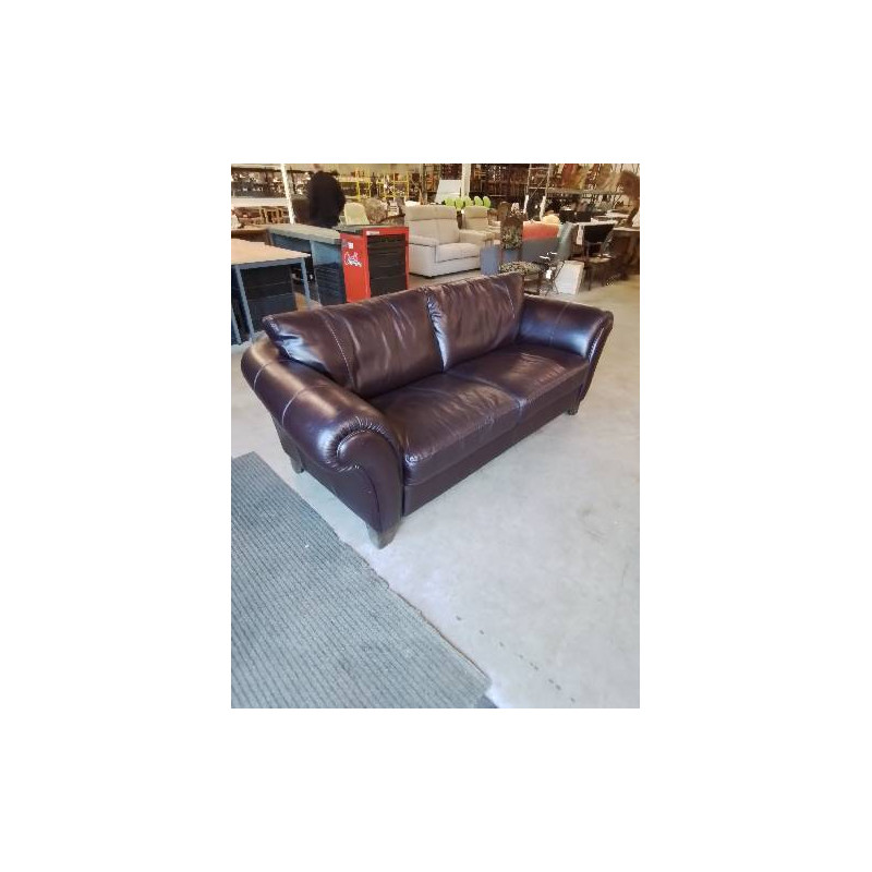 CANAPÉ 3 PLACES CUIR BORDEAUX PIEDS BOIS 