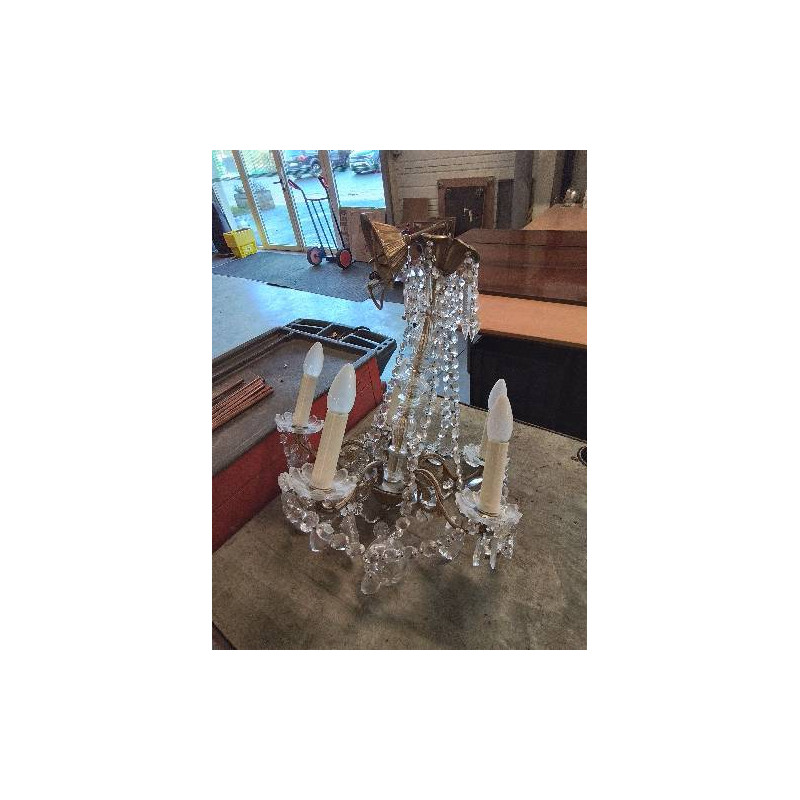 SUSPENSION LAITON ET VERRE A PENDELOQUES ET PAMPILLES CRISTAL 5 FEUX