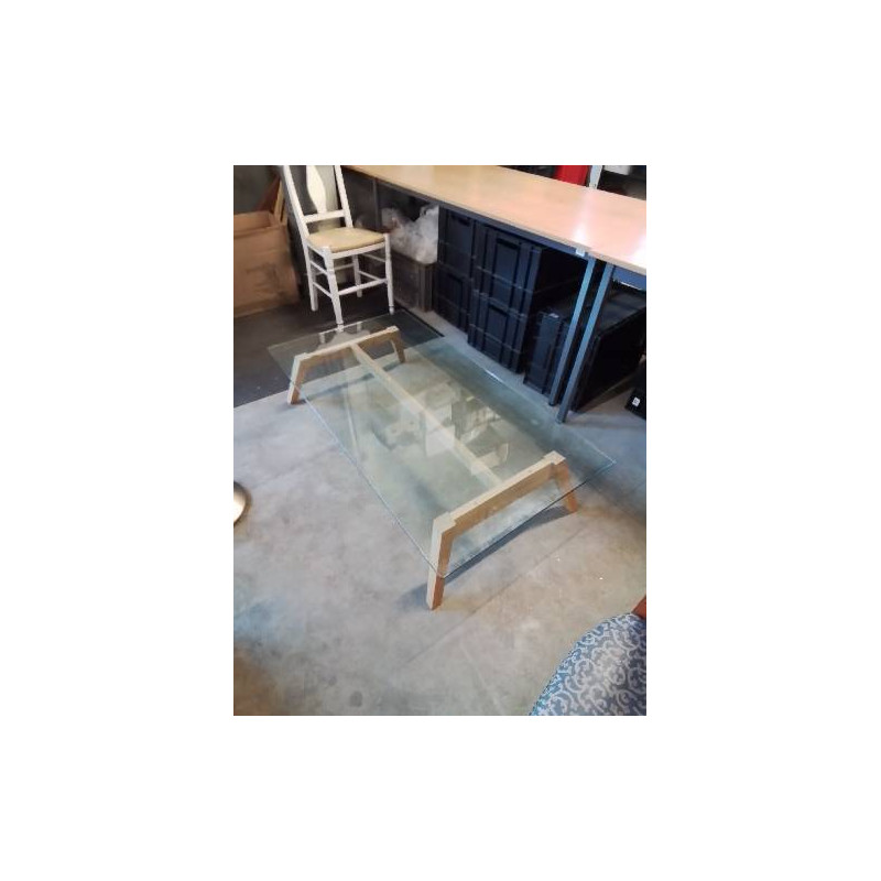 TABLE BASSE RECTANGULAIRE PIÈTEMENT BOIS CLAIR PLATEAU VERRE