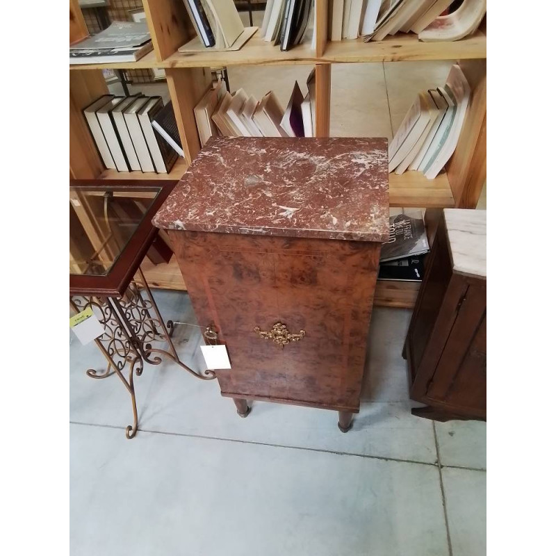 CHEVET BOIS MARQUETÉ DESSUS MARBRE ROUGE VEINÉ STYLE LOUIS XVI
