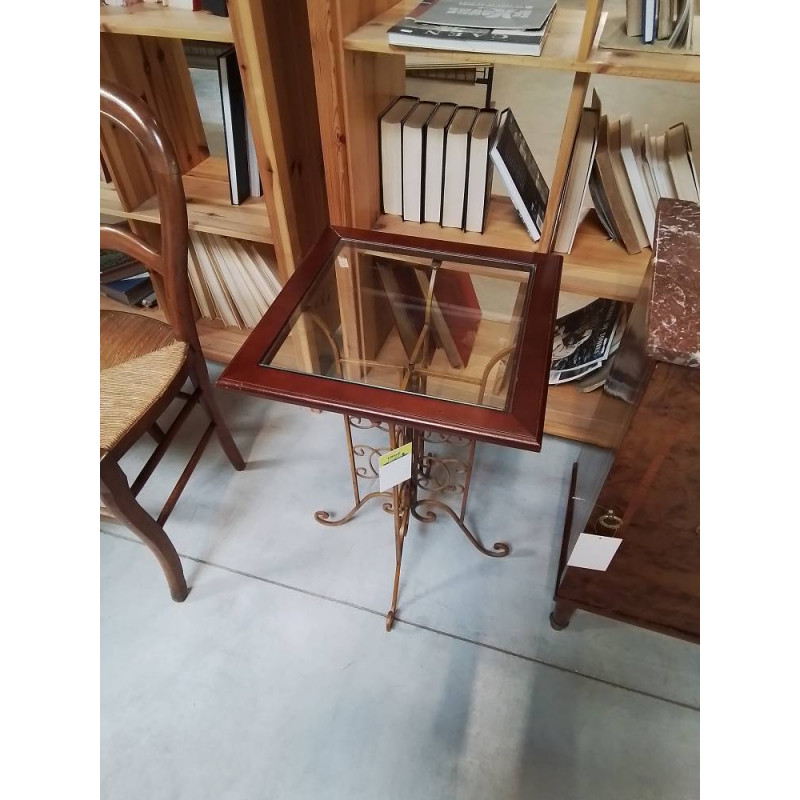 CONSOLE CARRÉE PIÈTEMENT MÉTAL OCRE DESSUS BOIS ET VERRE