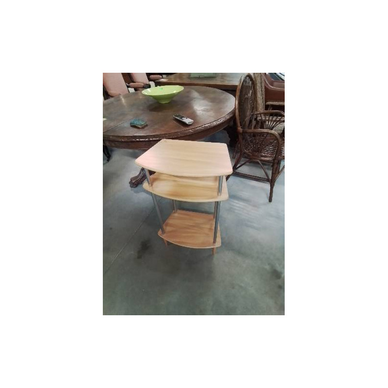 CONSOLE A COLONNES MÉTAL CHROMÉ 3 TABLETTES BOIS CLAIR