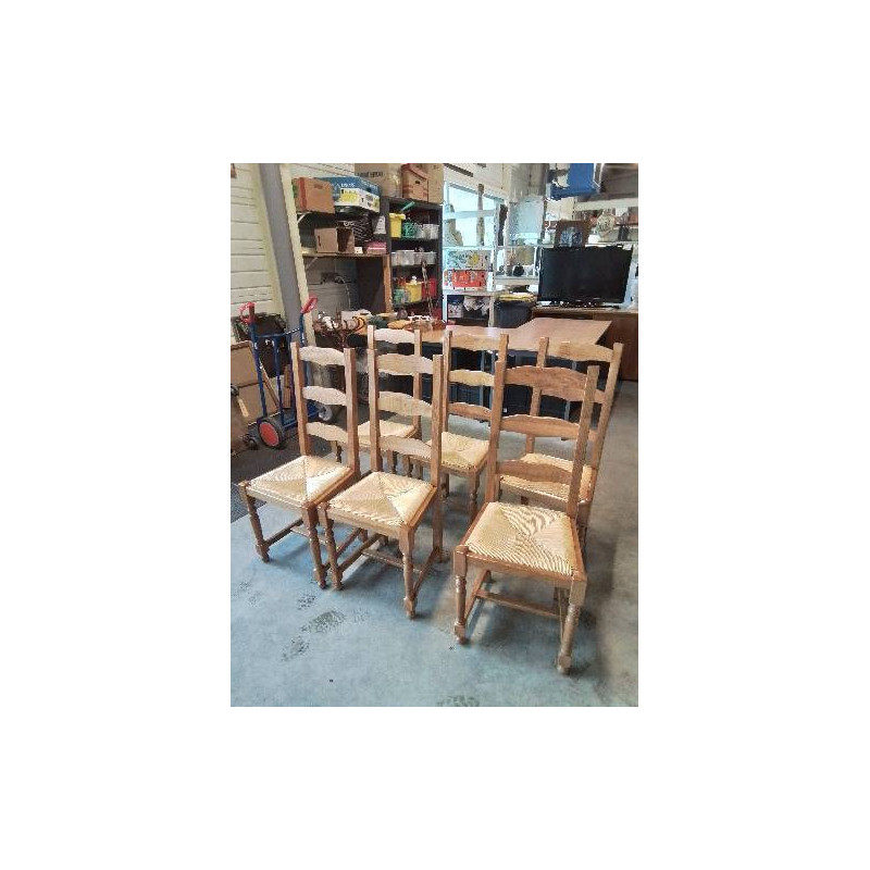 6 CHAISES BOIS CLAIR PAILLÉ A ENTRETOISE DOSSIER 3 BARREAUX