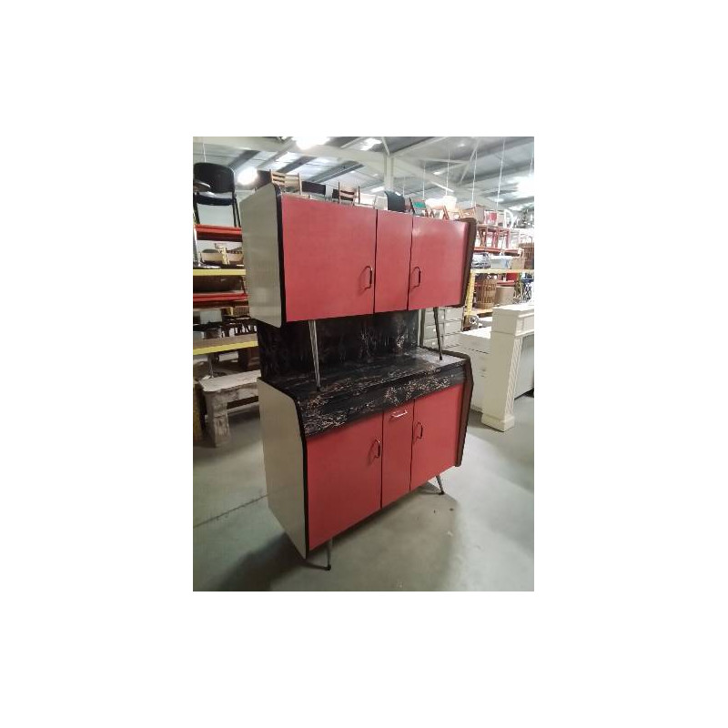 BUFFET FORMICA ROUGE ET BLANC 4 PORTES ANNÉES 50