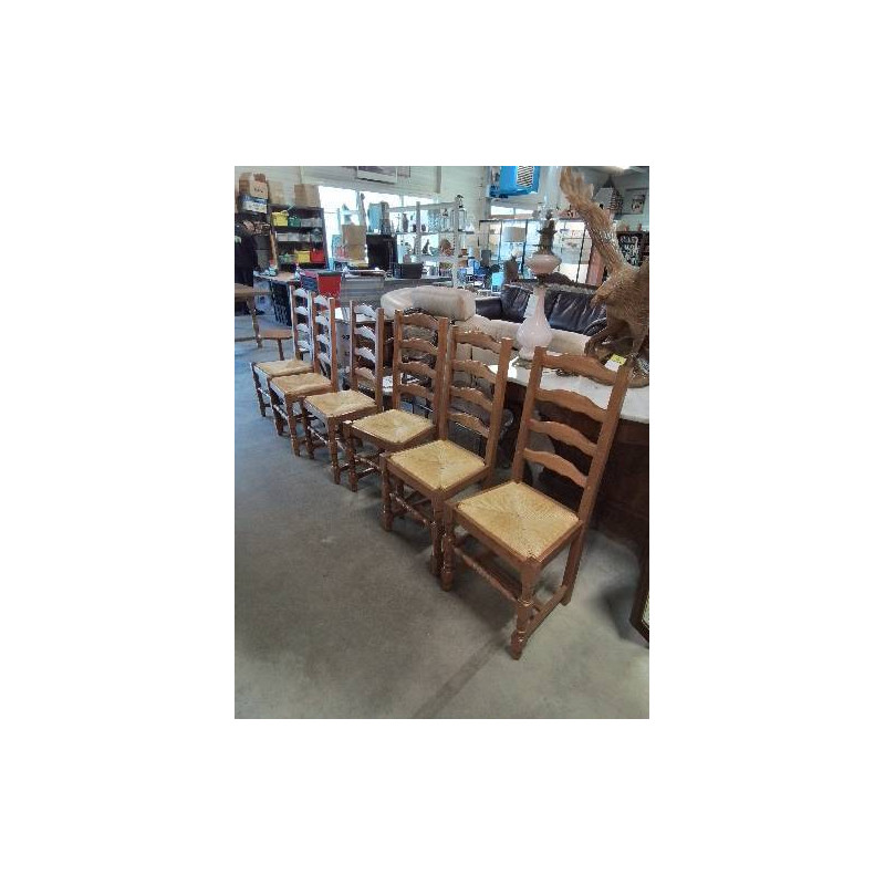 6 CHAISES BOIS PAILLÉ A ENTRETOISE CHÊNE CLAIR DOSSIER 4 BARREAUX 
