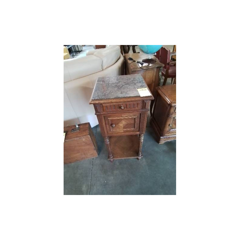 CHEVET A COLONNES BOIS MOULURÉ 1 TIROIR 1 PORTE DESSUS MARBRE GRIS FIN XIXE