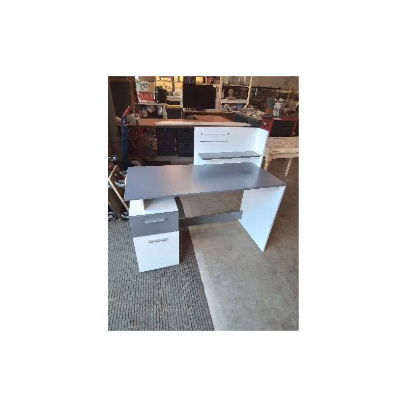 BUREAU RECTANGULAIRE BOIS GRIS ET BLANC 1 TABLETTE 1 TIROIR 1 PORTE