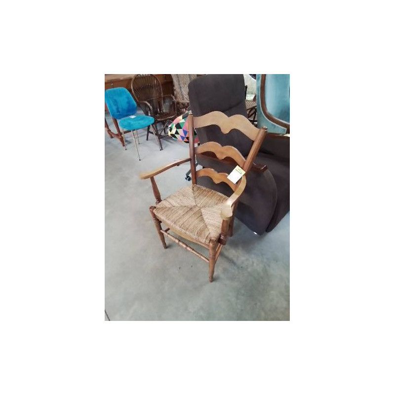 FAUTEUIL DE CHEMINÉE BOIS CLAIR PAILLÉ DOSSIER MOUSTACHE 