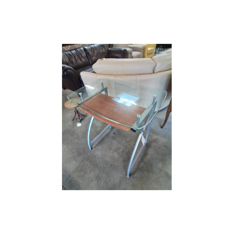 BUREAU INFORMATIQUE MÉTAL GRIS 1 TABLETTE BOIS PLATEAU VERRE