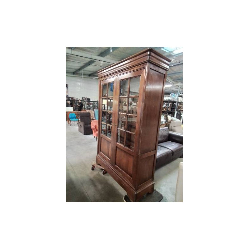 BIBLIOTHÈQUE VITRÉE A PETITS CARREAUX BOIS MOULURÉ STYLE LOUIS PHILIPPE 