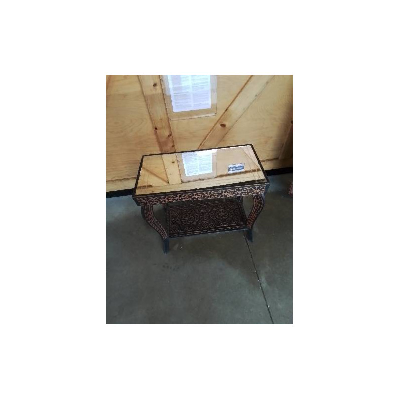 CONSOLE RECTANGULAIRE BOIS GRAVÉ CLAIR ET NOIR 2 NIVEAUX DESSUS MIROIR