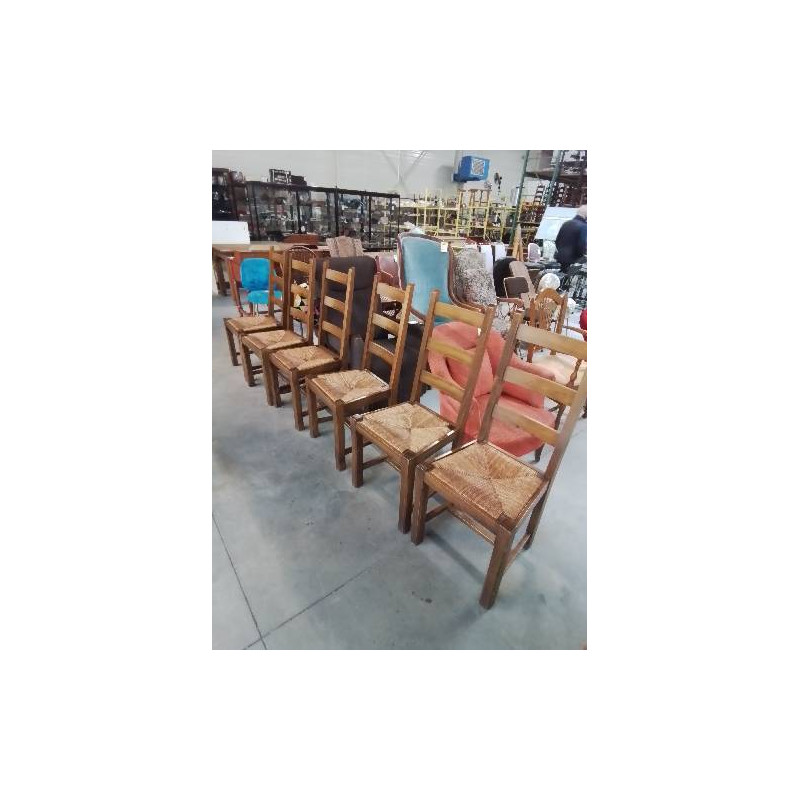6 CHAISES BOIS PAILLÉ A ENTRETOISE DOSSIER 3 BARREAUX 