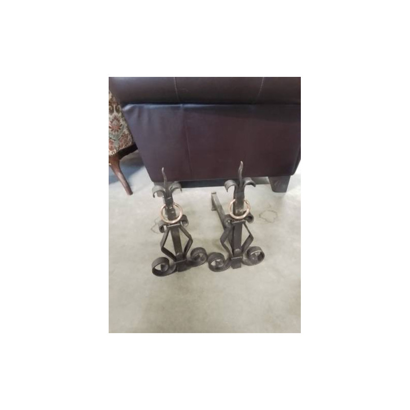 PAIRE DE CHENETS FER FORGÉ ANSE CUIVRE