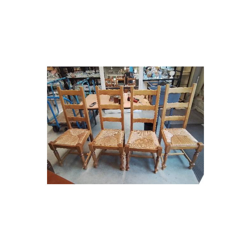 4  CHAISES BOIS PAILLÉ A ENTRETOISE HAUT DOSSIER 3 BARREAUX STYLE REGENCE 