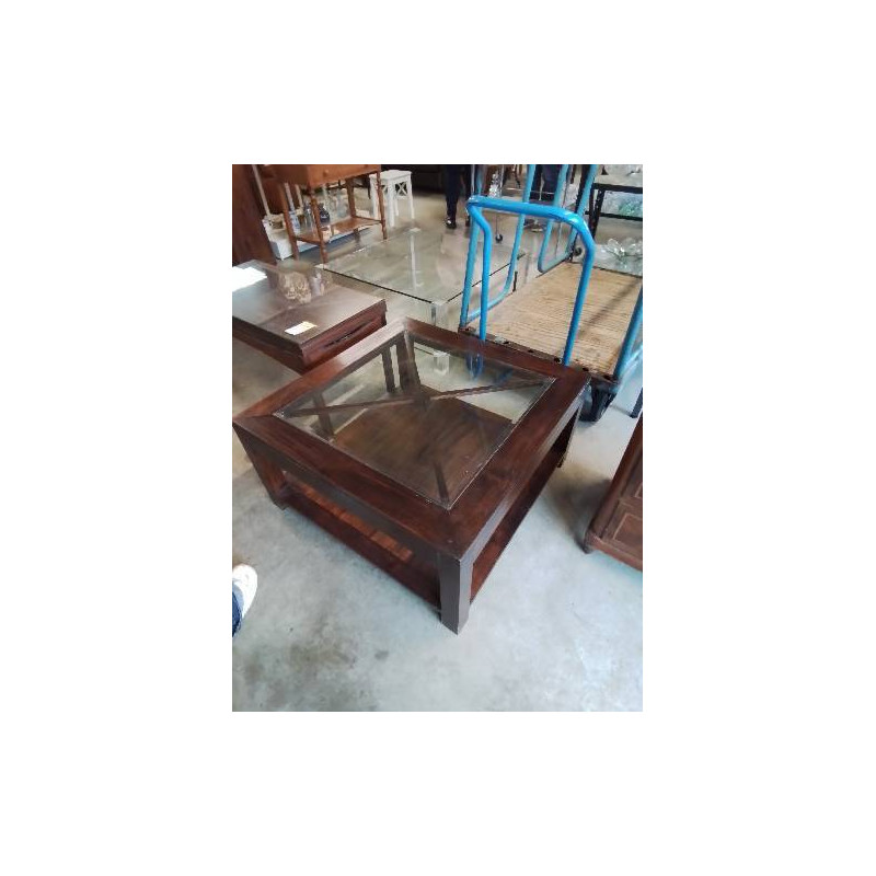 TABLE BASSE CARRÉE BOIS PLATEAU VERRE