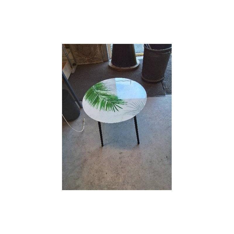 TABLE BASSE RONDE PIÈTEMENT MÉTAL NOIR PLATEAU VERRE DÉCOR FEUILLAGES 