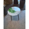 TABLE BASSE RONDE PIÈTEMENT MÉTAL NOIR PLATEAU VERRE DÉCOR FEUILLAGES 