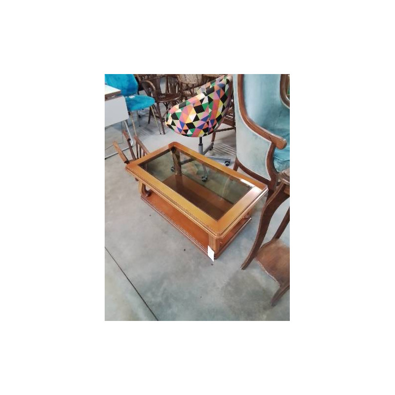 TABLE BASSE RECTANGULAIRE BOIS CLAIR 2 NIVEAUX DESSUS PLATEAU VERRE 