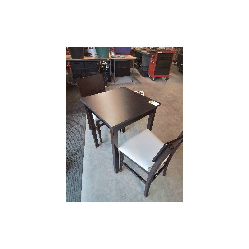 TABLE CARRÉ ET 2 CHAISES BOIS MARRON WENGE ASSISE PU BLANC