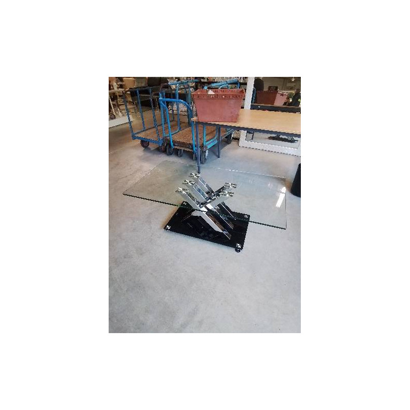 TABLE BASSE RECTANGULAIRE PIETEMENT MÉTAL CHROMÉ PLATEAUX VERRE 