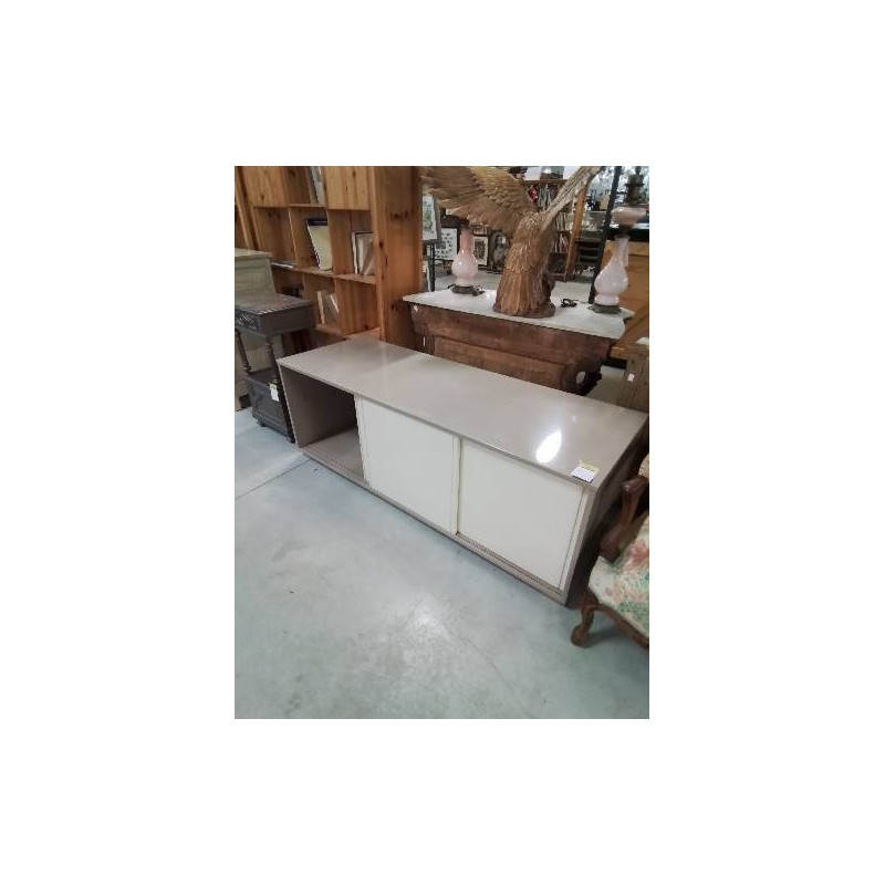 BUFFET BAS BOIS GRIS ET BLANC LAQUÉ 3 PORTES COULISSANTES 