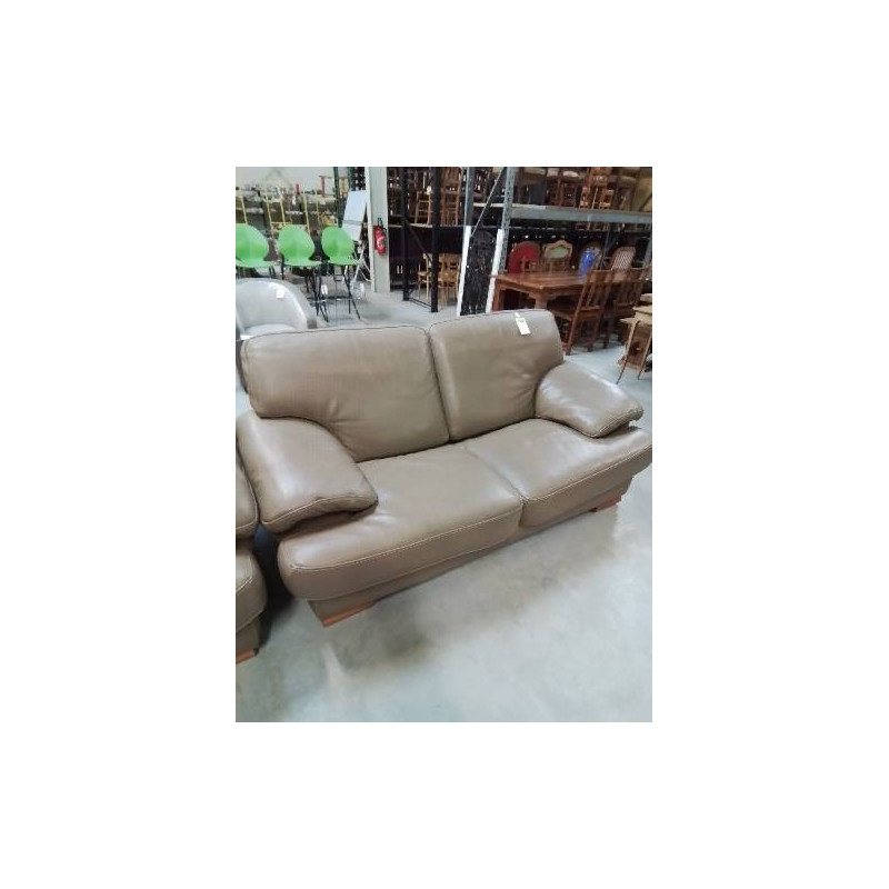 CANAPÉ 2 PLACES CUIR TAUPE PIEDS BOIS CLAIR 