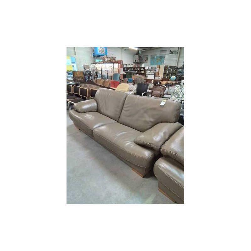 CANAPÉ 3 PLACES CUIR TAUPE PIEDS BOIS CLAIR