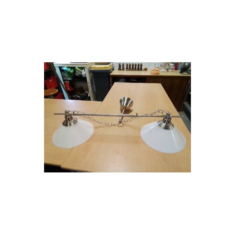 SUSPENSION RÉGLABLE 2 FEUX MÉTAL CHROMÉ ET VERRE TEINTÉ BLANC 