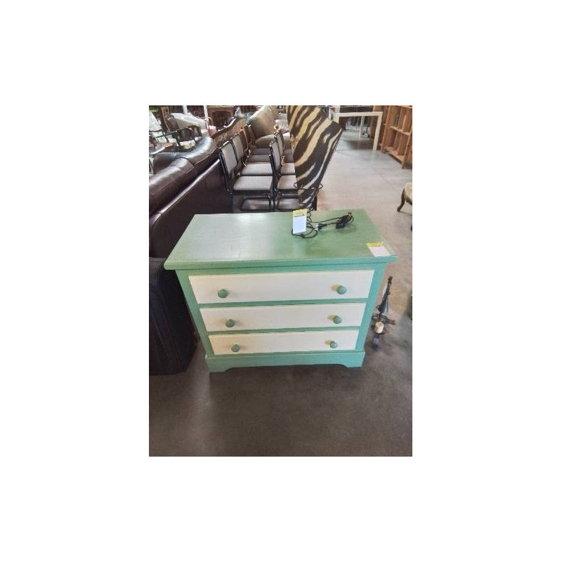 COMMODE BOIS PEINT VERT ET ECRU 3 TIROIRS 