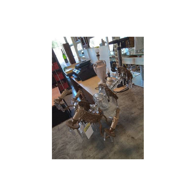 LUSTRE LAITON  ET VERRE A PENDELOQUES 6 FEUX FIN XIXE