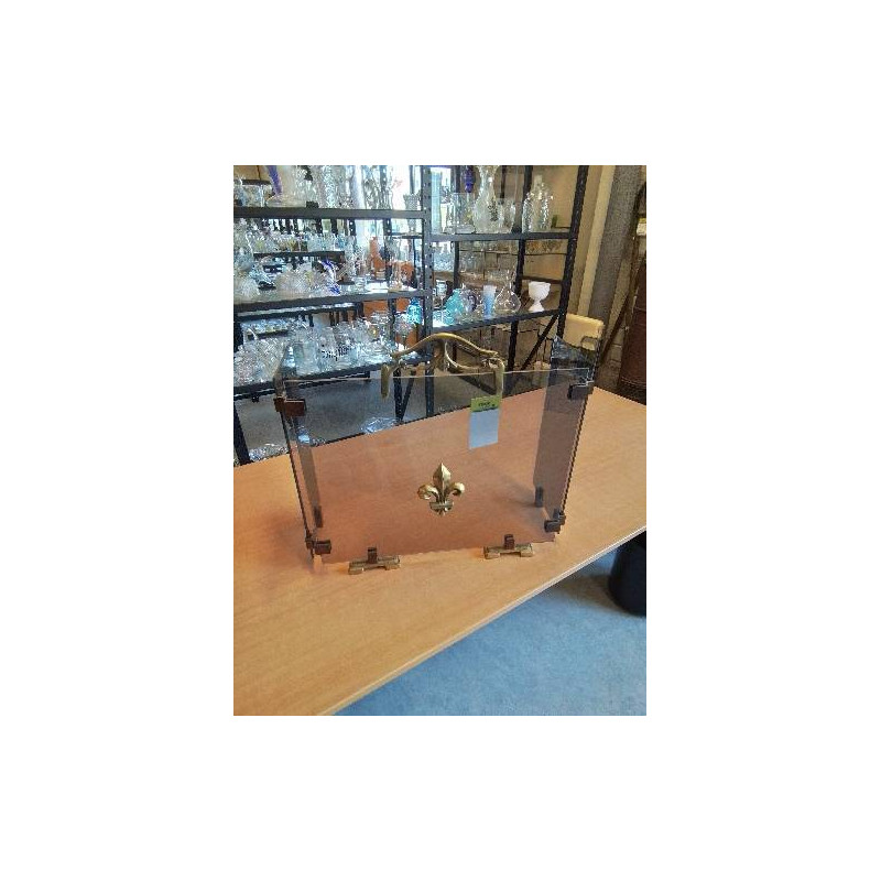 PARE FEU DE CHEMINÉE 3 VANTAUX VERRE TEINTÉ ET MÉTAL DORÉ A LA FLEUR DE LYS