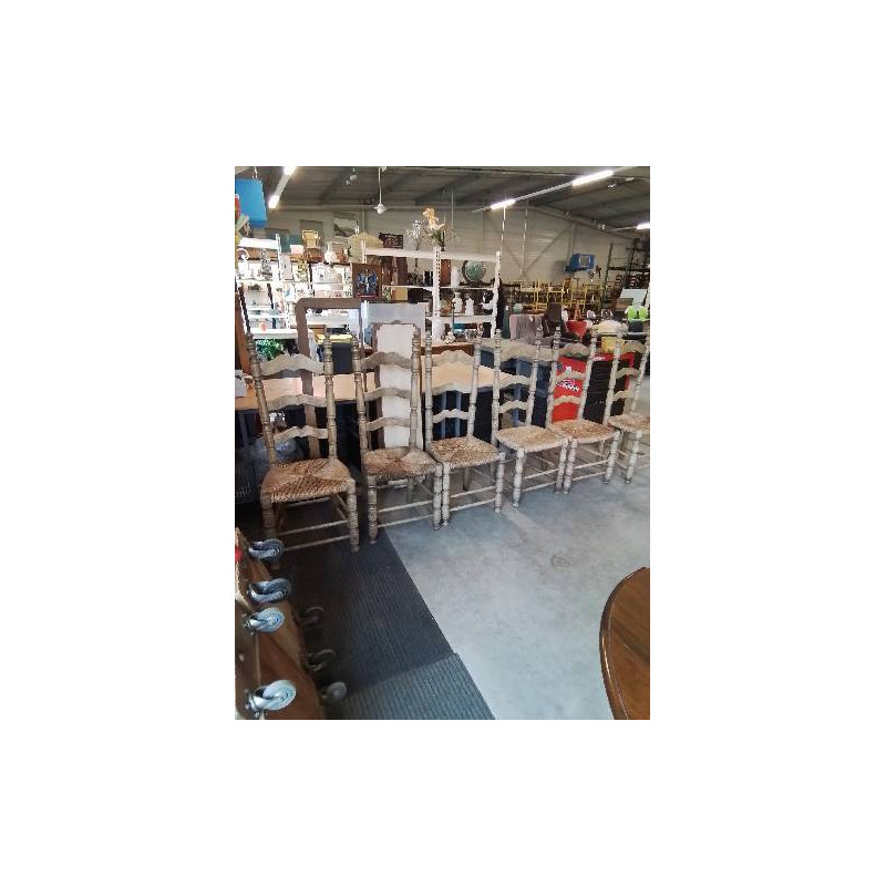 6 CHAISES PAYSANNE BOIS TOURNÉ ASSISE PAILLÉE HAUT DOSSIER MOUSTACHE 