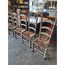 6 CHAISES PAYSANNE BOIS TOURNÉ ASSISE PAILLÉE HAUT DOSSIER MOUSTACHE 