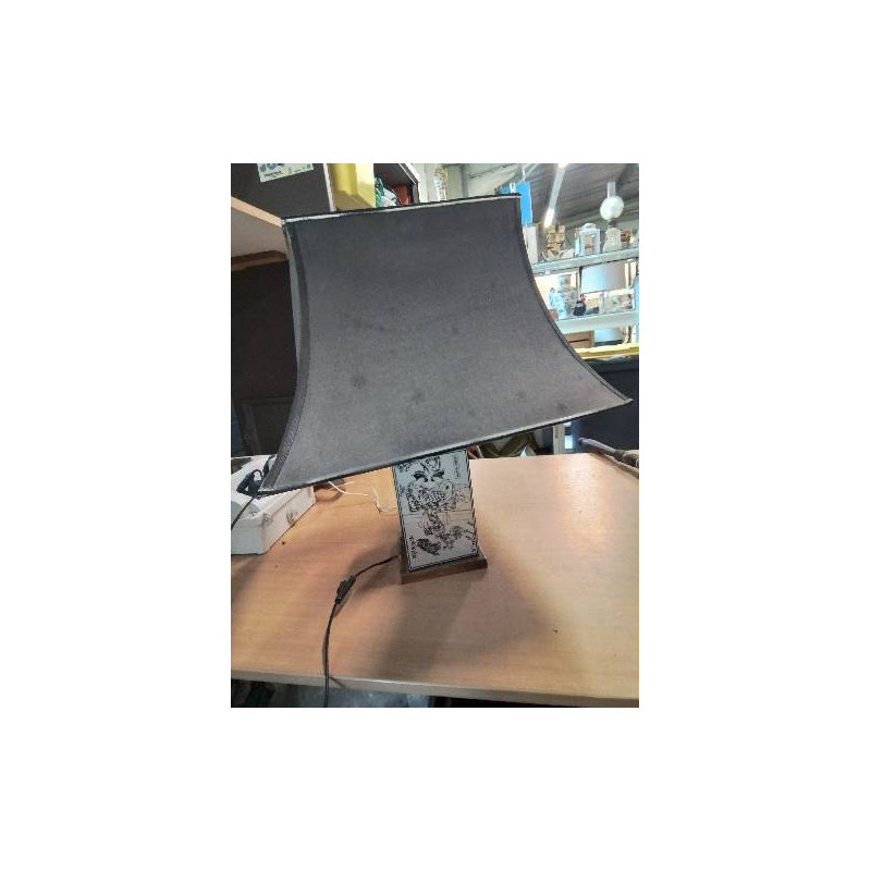 LAMPE RÉSINE DÉCOR ASIATIQUE SOCLE LAITON AJ GRIS ANNÉES 70