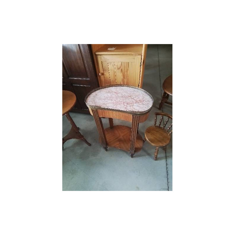 TABLE ROGNONNE BOIS MARQUETÉ DESSUS A GALERIE ET MARBRE 1 TIROIR STYLE LOUIS XVI