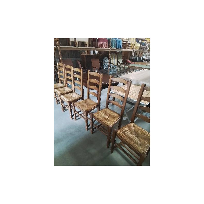 6 CHAISES BOIS PAILLÉ PIEDS BALUSTRE A ENTRETOISE DOSSIER 4 BARREAUX 