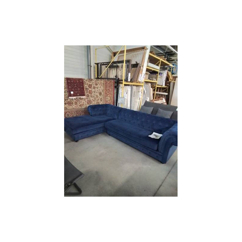 CANAPÉ D’ANGLE VELOURS BLEU GAUCHE STYLE CHESTERFIELD 